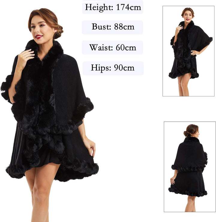 ZLYC Damen Winter Kunstpelz Poncho Strick Schal Stola Warm Cape Cardigan Normales Schwarz, Normales
