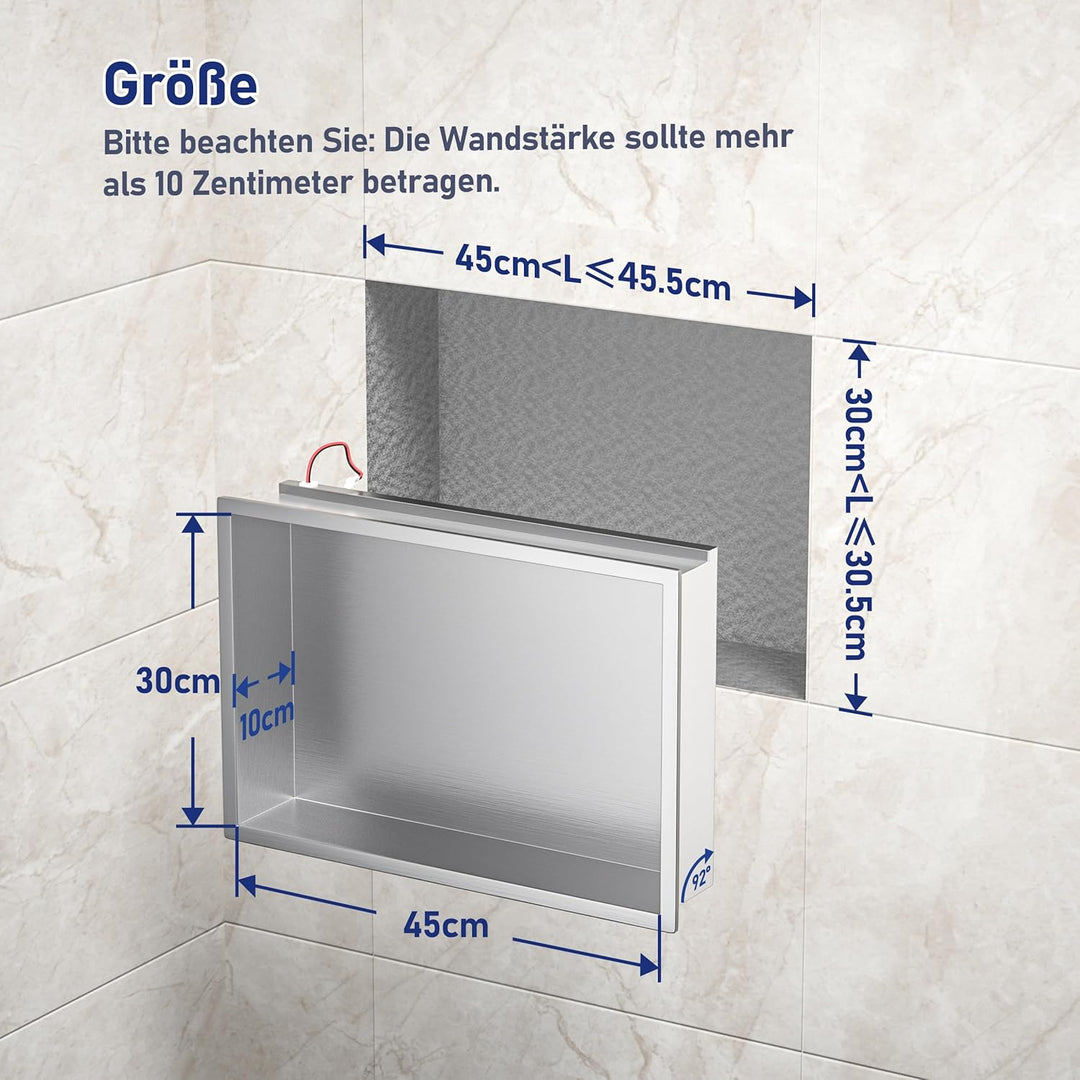 Edelstahl-Duschnische 45 cm x 30 cm Gebürstet, mit integriertem LED-Licht, wasserdicht, ohne Fliesen