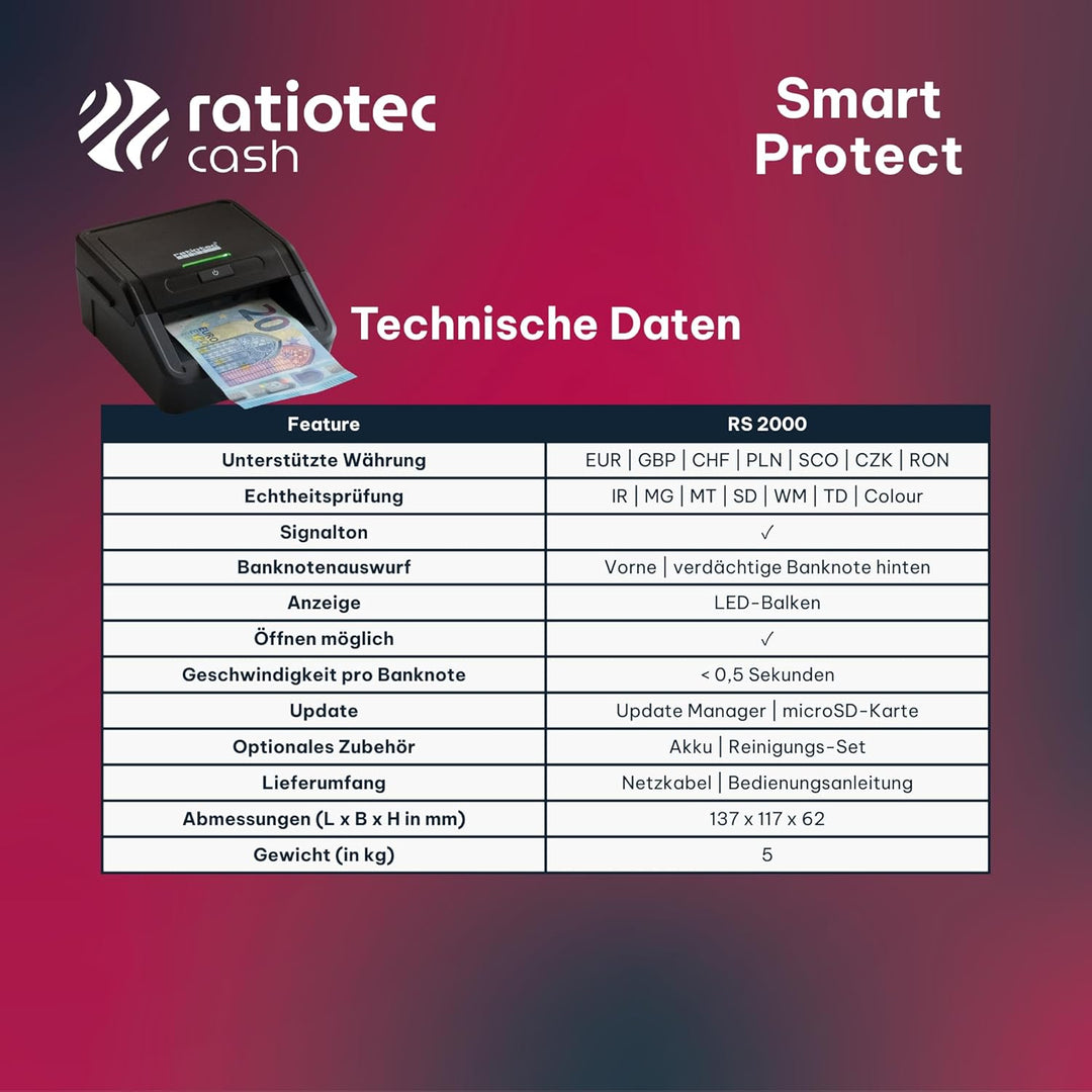 ratiotec 947568 Banknotenprüfgerät Smart Protect automatisches Banknotenprüfgerät zur 1 Echtheitsprü