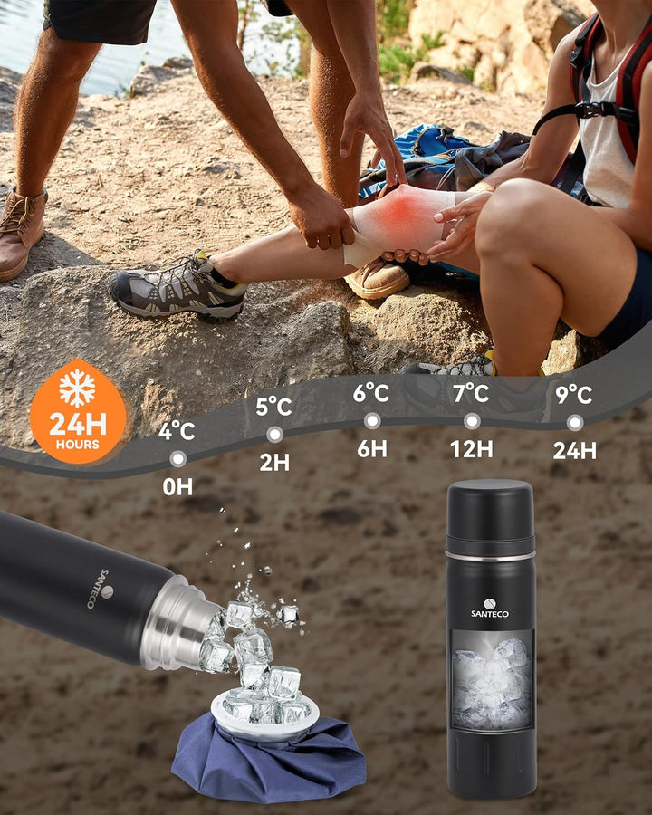 SANTECO Thermosflasche Edelstahl - 500ml, 1l - Thermoskanne mit Trinkbecher für unterwegs, Thermobec