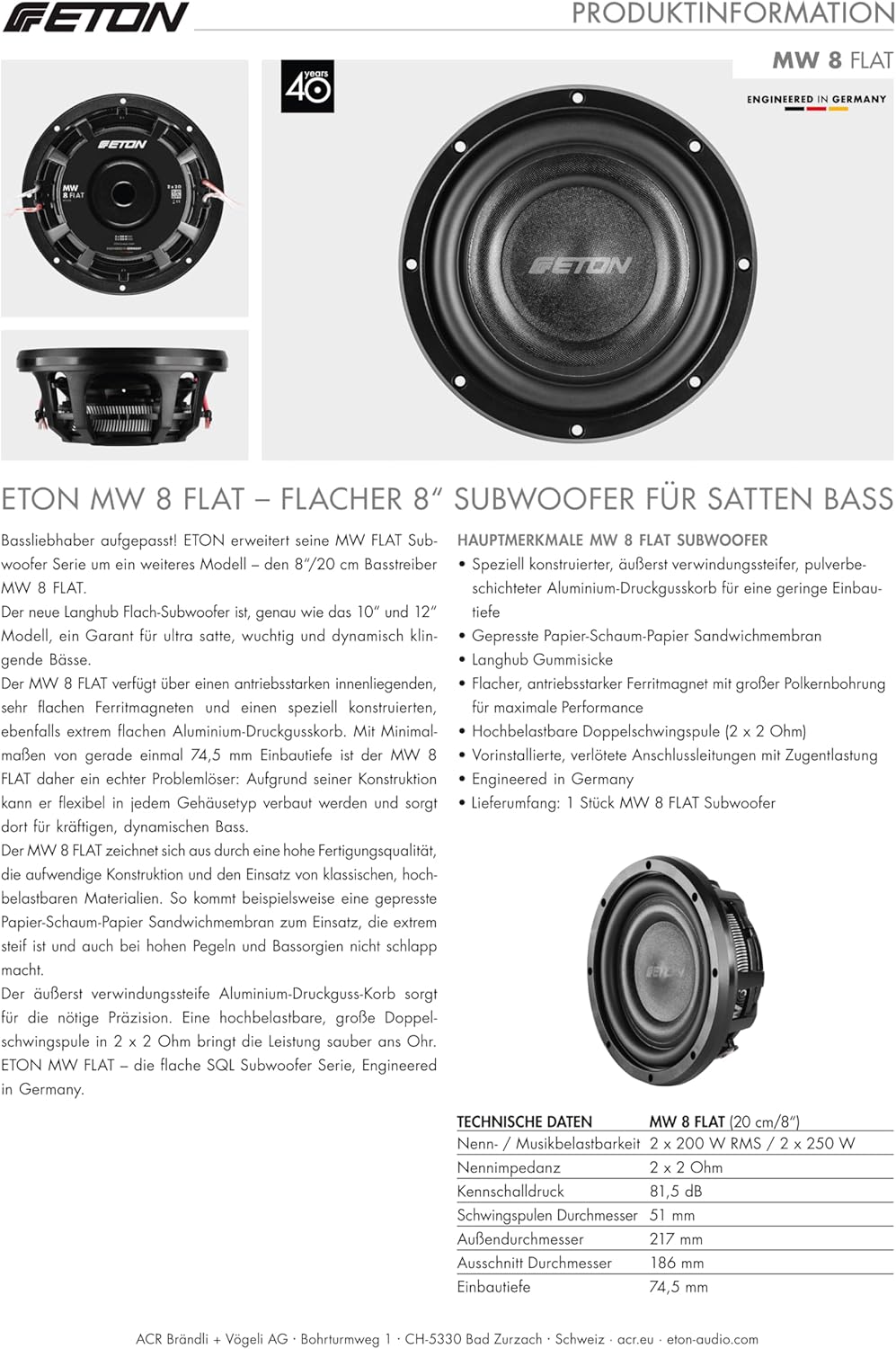 ETON MW 8 Flat – Ultra-Flacher 20 cm / 8" Auto Subwoofer, Langhub Bass, 2 x 2 Ohm Doppelschwingspule