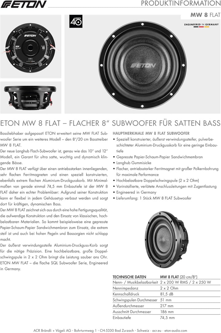 ETON MW 8 Flat – Ultra-Flacher 20 cm / 8" Auto Subwoofer, Langhub Bass, 2 x 2 Ohm Doppelschwingspule