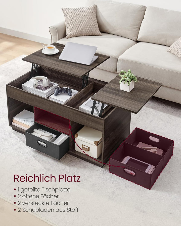 VASAGLE Couchtisch, höhenverstellbarer Wohnzimmertisch, 2 Schubladen und versteckte Fächer, Kaffeeti