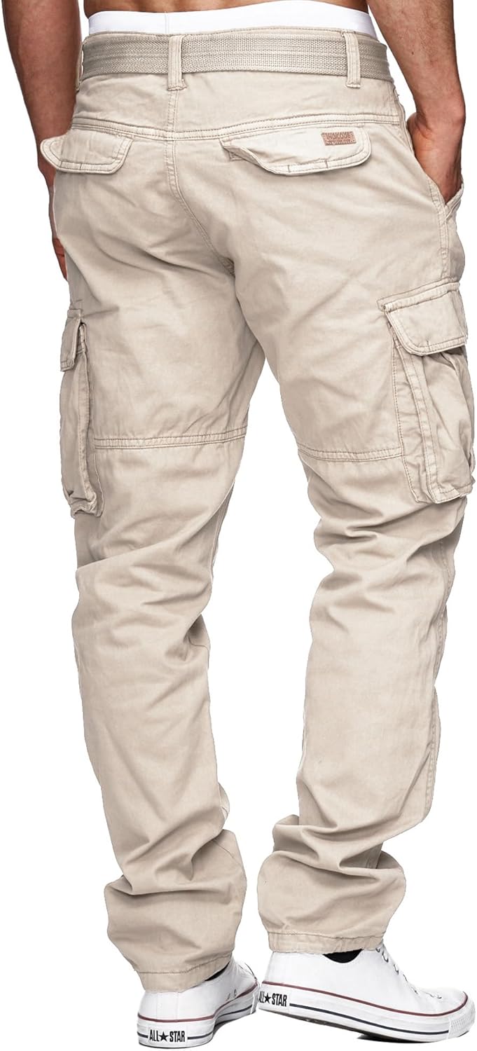 Indicode Herren William Cargohose aus Baumwolle m. 7 Taschen inkl. Gürtel | Outdoorhose, Fog