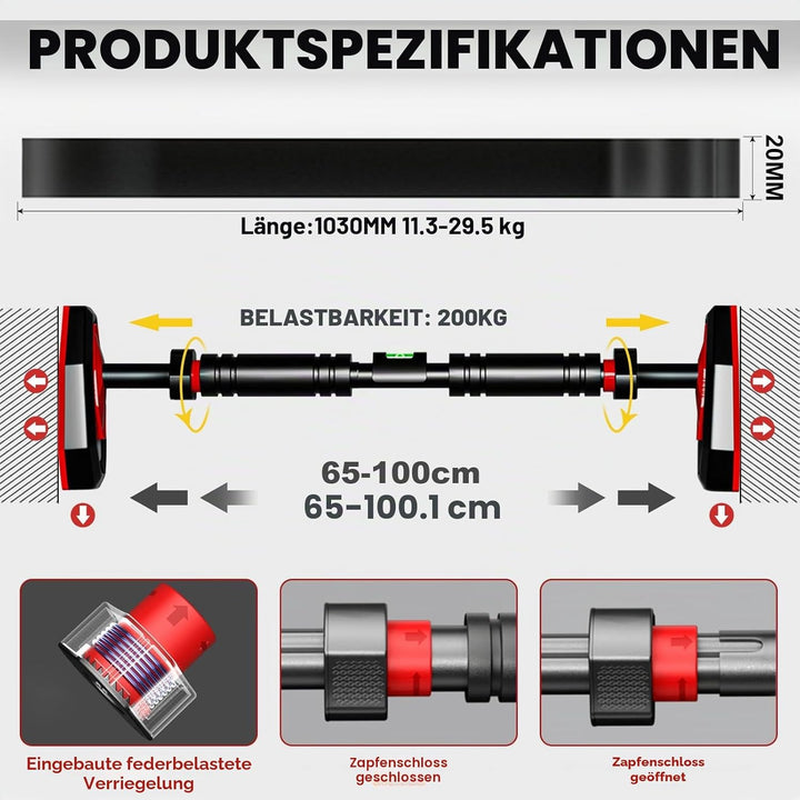 Klimmzugstange ohne Bohren Türrahmenmontage Liegestützstange Verstellbereich von 65 cm bis 100 cm Be