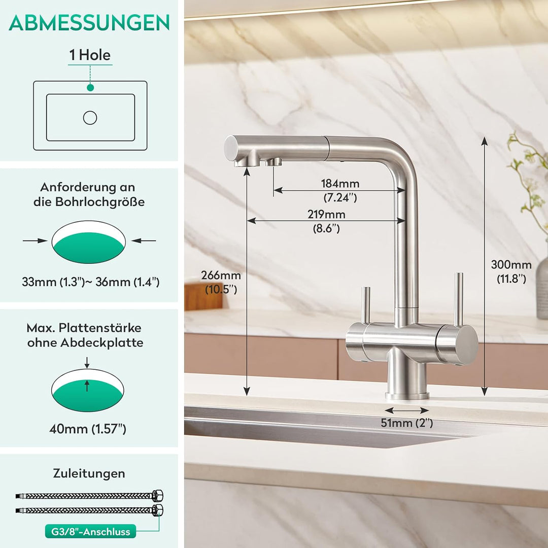 CREA 3 Wege Wasserhahn Küche mit Brause, Trinkwasserhahn mit 360° Drehbarkeit, Drei Wege Mischbatter