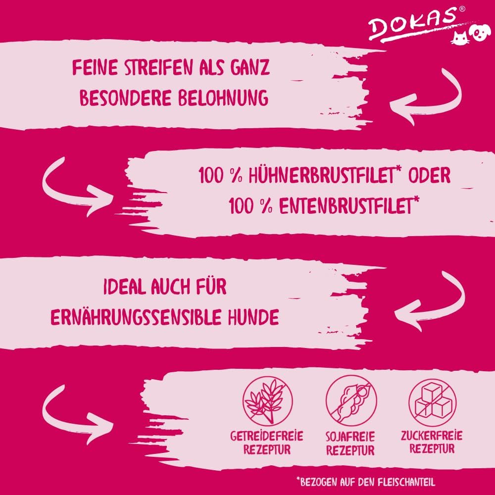 DOKAS Getreidefreier Premium Snack in Streifen für Hunde – Aus Entenbrustfilet, 250 g (8er Pack) Sin