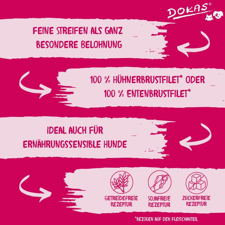DOKAS Getreidefreier Premium Snack in Streifen für Hunde – Aus Entenbrustfilet, 250 g (8er Pack) Sin