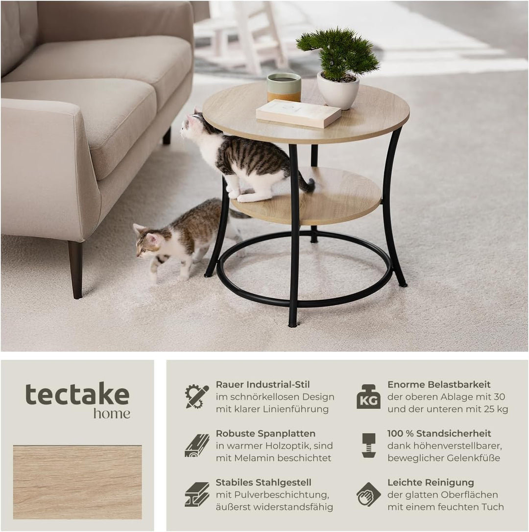 tectake Beistelltisch rund, Couchtisch mit 2 Ablagen, Industrie-Design, Nachttisch aus Holz, Ø55 x 5