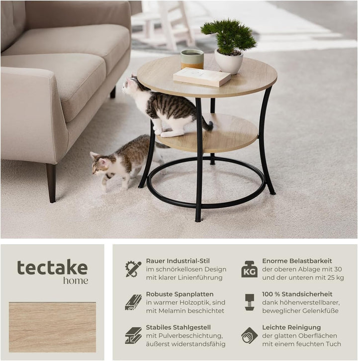 tectake Beistelltisch rund, Couchtisch mit 2 Ablagen, Industrie-Design, Nachttisch aus Holz, Ø55 x 5