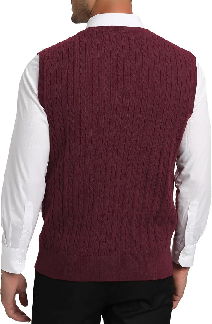 Kallspin Herren Strickweste Pullunder Ärmellos Zopfstrick V-Ausschnitt aus Wollmischung XXL Burgund,