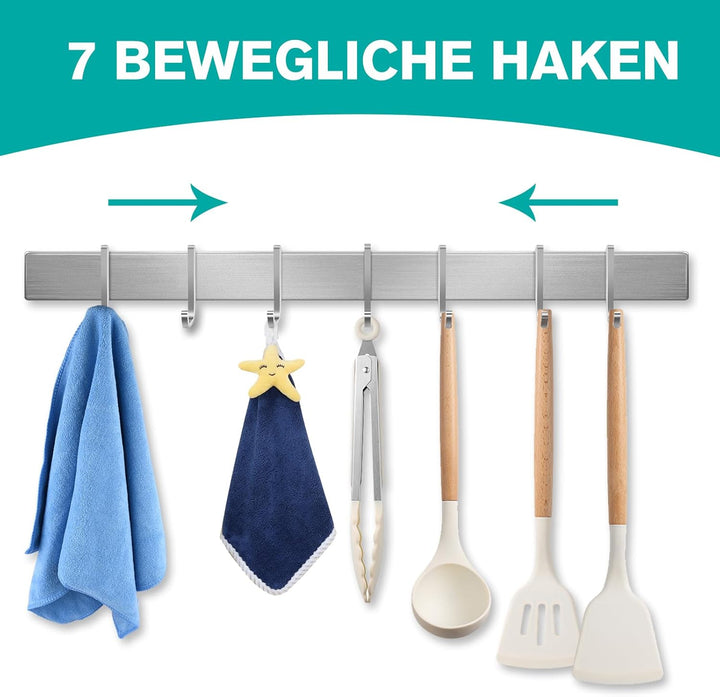Hakenleiste Küche 40cm, Küchenhalterung ohne Bohren mit 7 abnehmbaren Haken, Aluminium Küche Hakenle