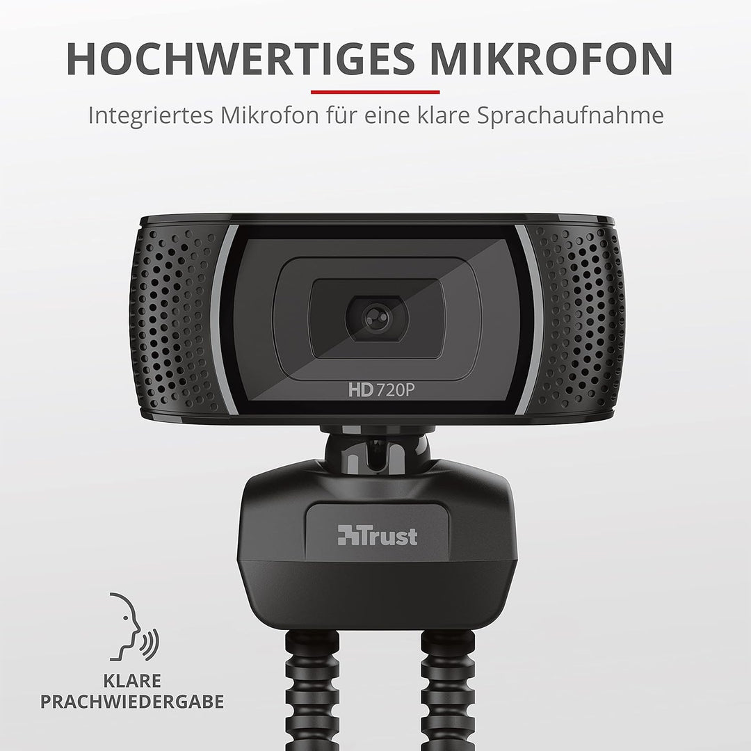 Trust Trino HD Webcam mit Mikrofon, 1280 x 720, 30 FPS, PC Kamera mit Flexibler Ständer und Automati