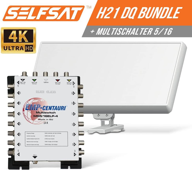 Selfsat H22DQ 16 TV Teilnehmer SAT Flachantenne Flat + Multischalter 5/16 Full HD 4K