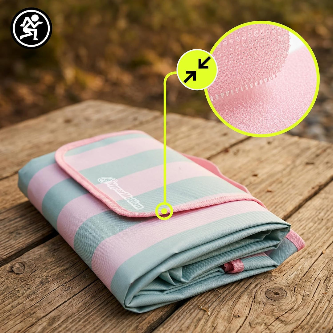 HyperMotion Picknickdecke 150x200 cm wasserfest Streifen Rosa Grün | Picknickdecke mit wasserfester