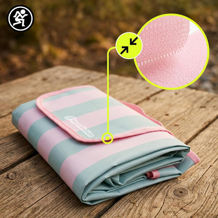 HyperMotion Picknickdecke 150x200 cm wasserfest Streifen Rosa Grün | Picknickdecke mit wasserfester