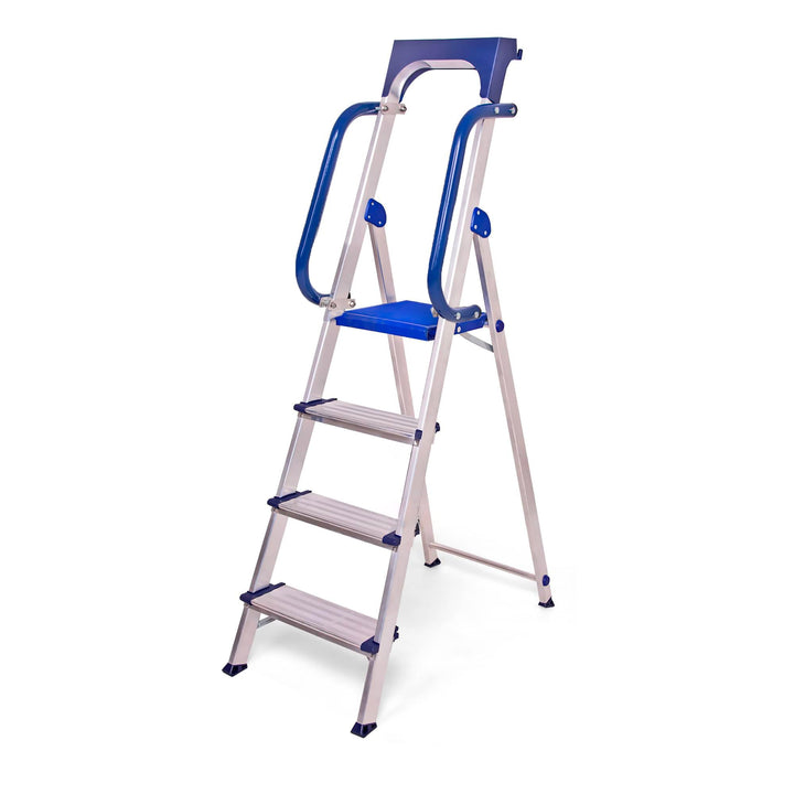 Trittleiter 4 Stufen Secure Pro, verstärktes Aluminium, sicher mit Rampen, Ablage für Werkzeuge, Höh