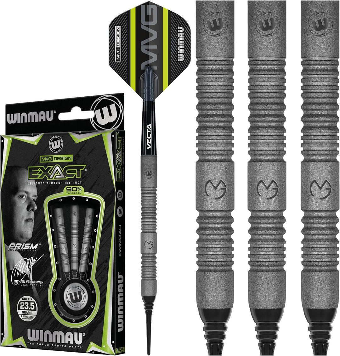 WINMAU MvG Exact 21.5 Gramm Profi Wolfram Softip Dartpfeile Set mit Flights und Schäfte