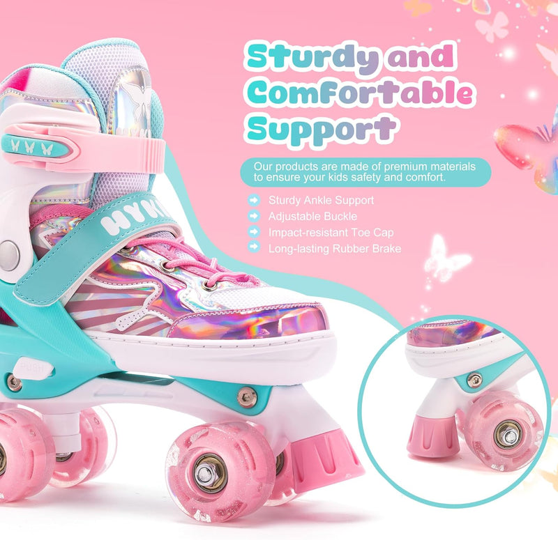 Rollschuhe Kinder,4 verstellbare Grössen,Stabile und Sichere 3-Punkt-Konstruktion,Mädchen-Rollschuhe