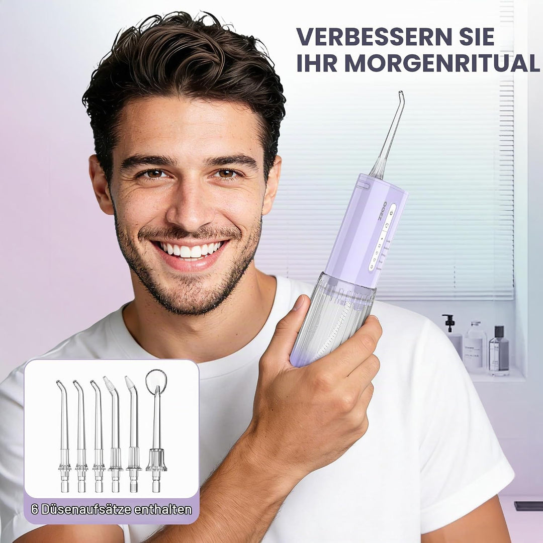 OOZZ Travel Water Flosser, Schnurlose Taschenmunddusche, 5 Druckmodi, 6 Strahlspitzen, USB-wiederauf