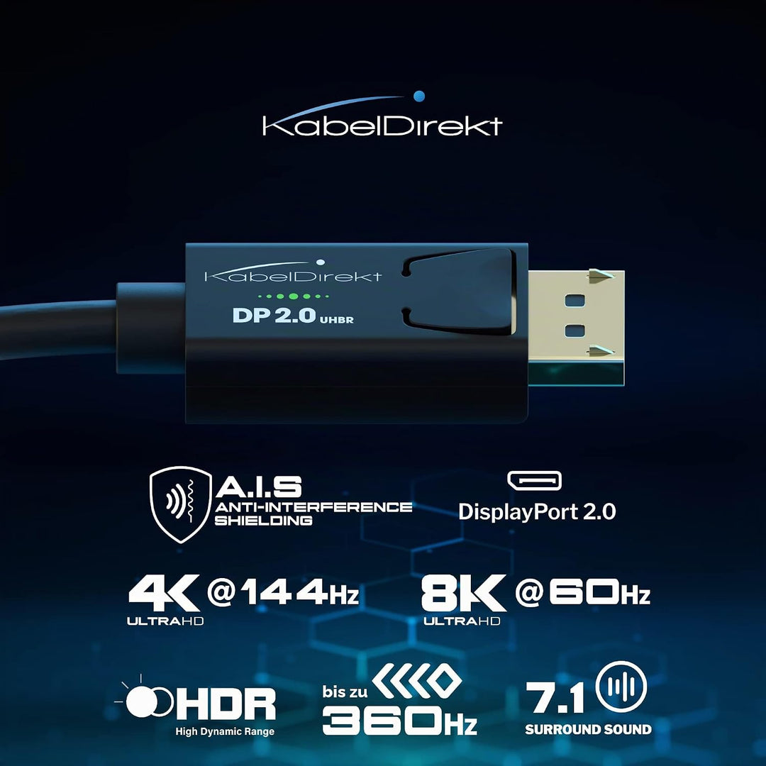 KabelDirekt – 8K Displayport Kabel 2.0 – 5 m – DP 2.0 Kabel mit spezieller A.I.S. Schirmung für Gami