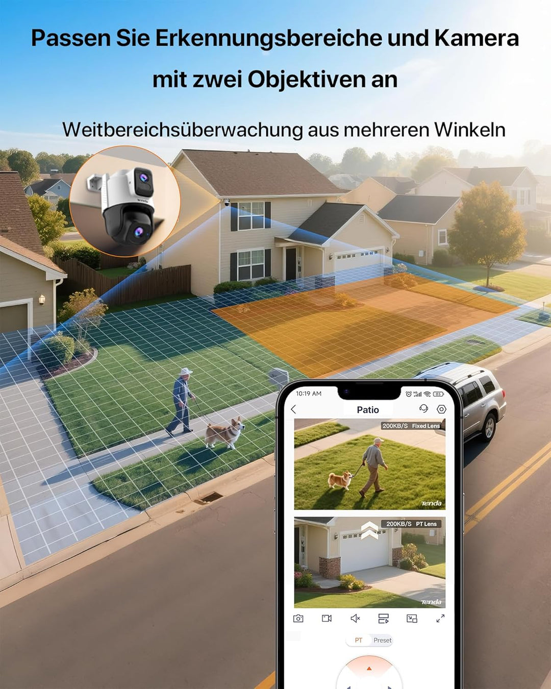 Tenda Kamera Überwachung Aussen, 3MP+3MP Dual Objektiv Überwachungskamera Aussen, IP65 AussenSicherh