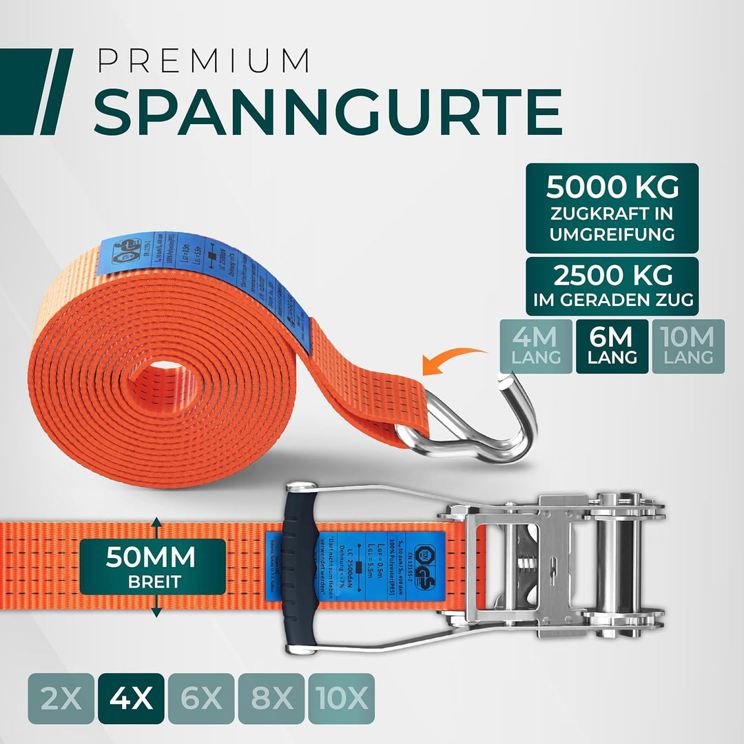 Schwerlast 5000kg Ratschengurte 6m - TÜV/GS & DIN Geprüft - Spanngurte mit Ratsche und Haken - QR La