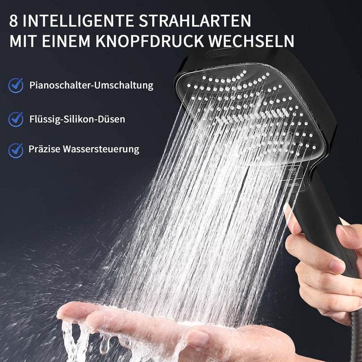 Duschkopf mit 8 Strahlarten &amp; Stoppfunktion – Grosse Regendusche Handbrause, wassersparende Duschbra