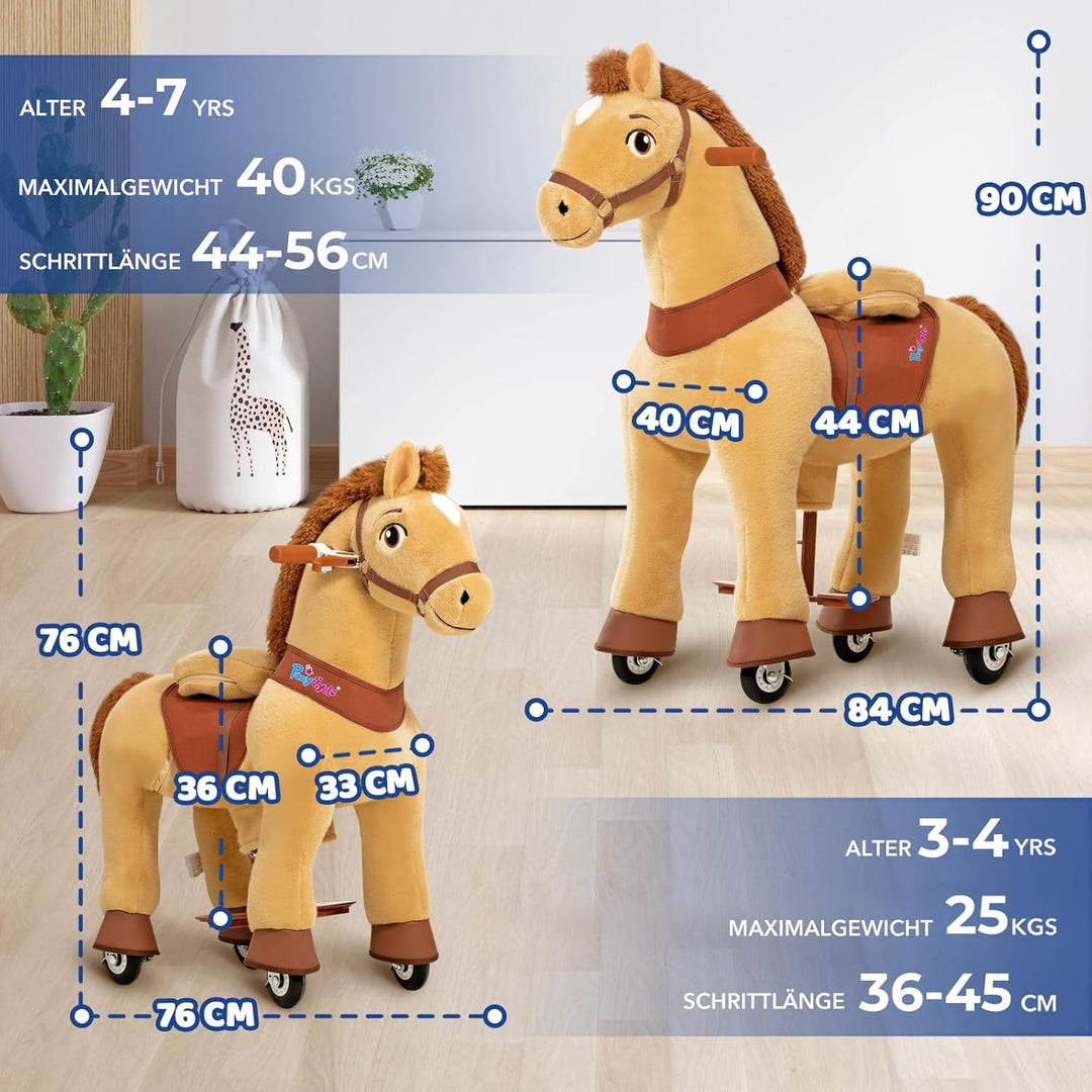 PonyCycle Reitpferd mit Rollen, für Kinder 4–7 Jahre, 90cm Hoch, Plüsch Reitpony mit Handbremse, Sch