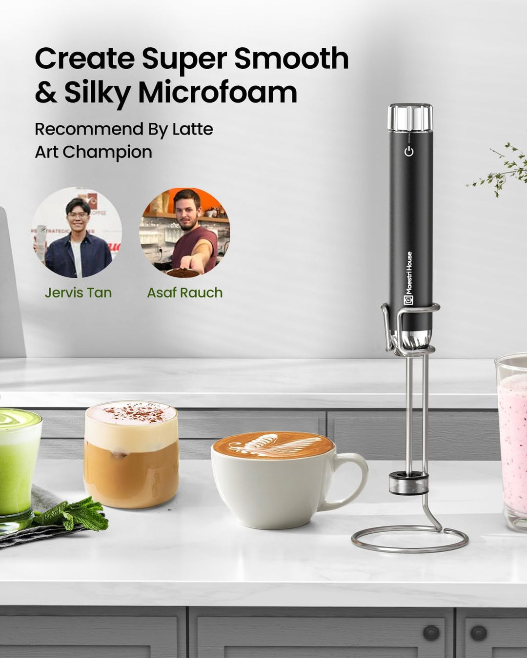 Maestri House Barista-Qualität Milchaufschäumer, LunaFro Art Wiederaufladbarer Milchaufschäumer mit