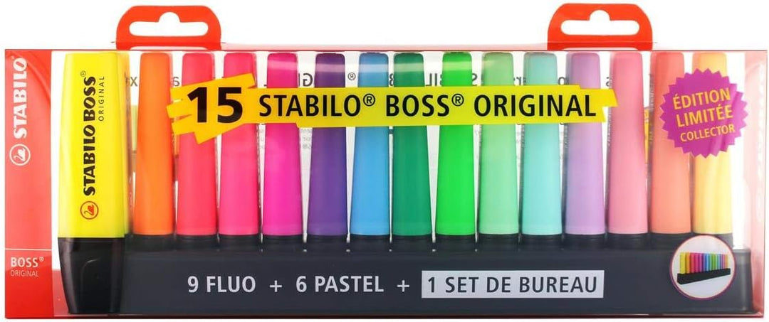 STABILO Set de Bureau 15 Surligneurs BOSS Coloris 9 Fluo et 6 Pastel