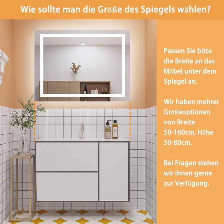 Aica Sanitär Badspiegel mit Beleuchtung 50×70cm 3 Lichfarbe dimmbar Memory Wand/Touchschalter Anti-B