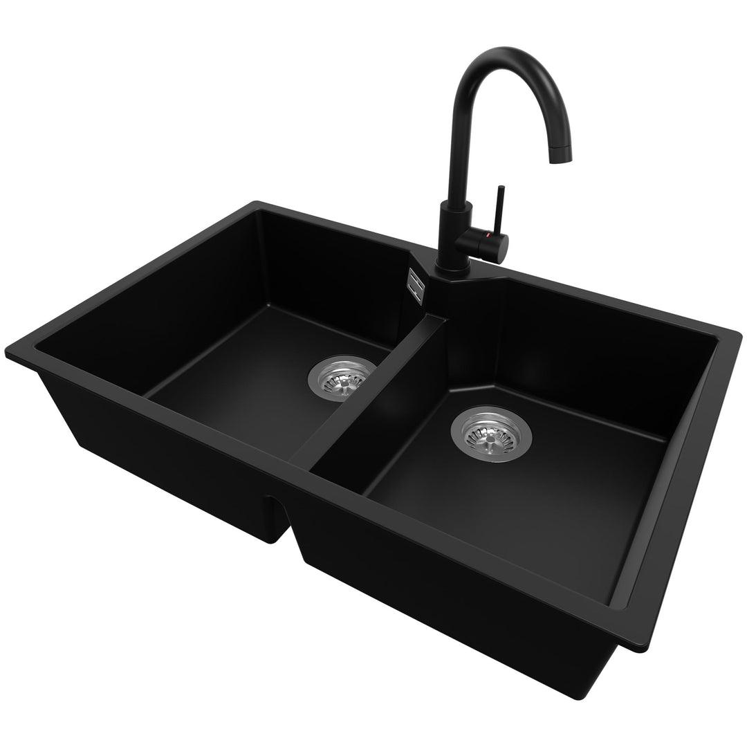 Spülbecken Schwarz 78 x 50 cm, Granitspüle + Küchenarmatur + Ablauf-Set, Küchenspüle ab 80er Untersc