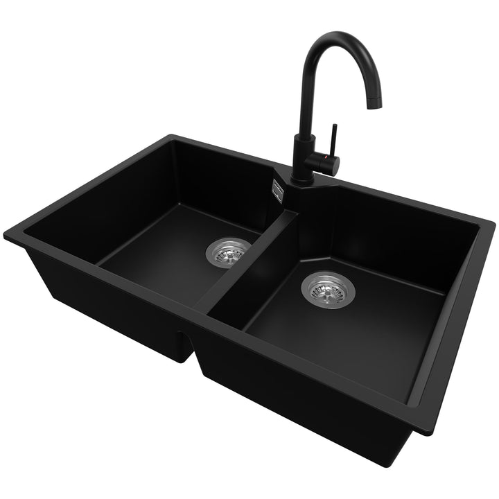 Spülbecken Schwarz 78 x 50 cm, Granitspüle + Küchenarmatur + Ablauf-Set, Küchenspüle ab 80er Untersc