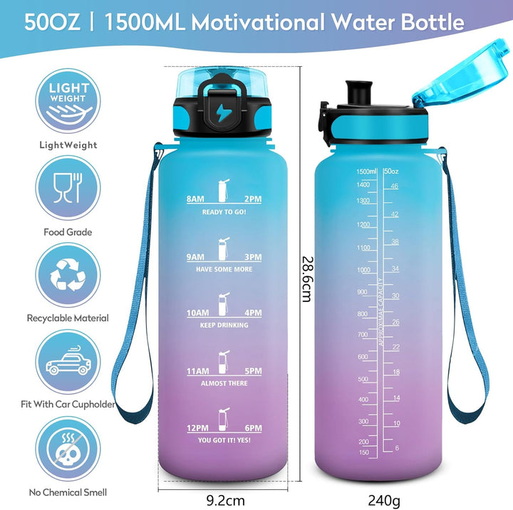 Trinkflasche 500ml/1L, Trinkflasche mit Zeitmarkierung und Filter, Auslaufsicher Wasserflasche Kohle