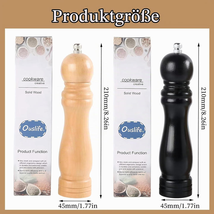 Salz und Pfeffermühle Holz 21 cm Set – Premium Salz und Pfeffermühle Set in Schwarz &amp; Weiss – Manuel