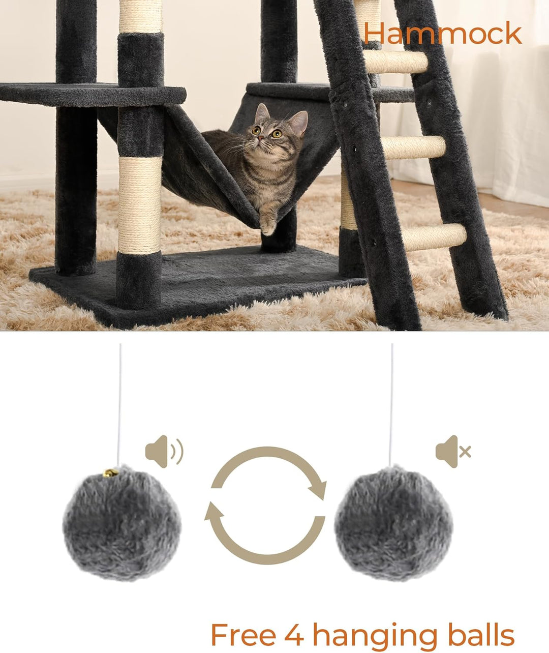 FourFurPets Kratzbaum 160 cm hoch, Aktivitätsbaum für Katzen, mit 2 Plattformen, 2 Höhlen, 2 Korb, H