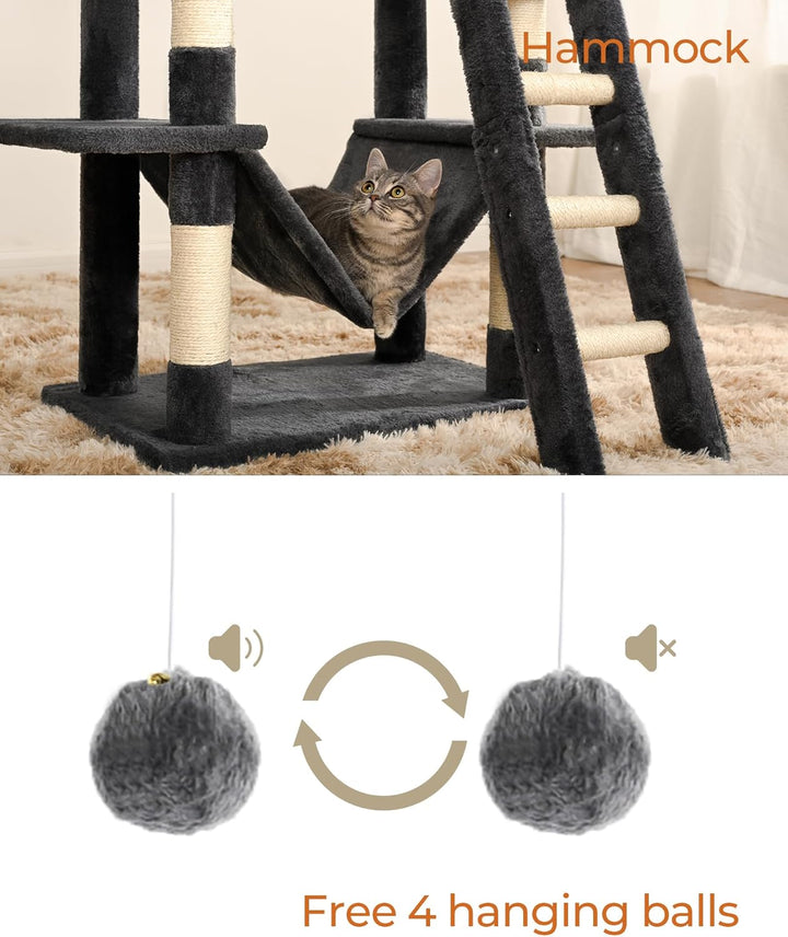 FourFurPets Kratzbaum 160 cm hoch, Aktivitätsbaum für Katzen, mit 2 Plattformen, 2 Höhlen, 2 Korb, H
