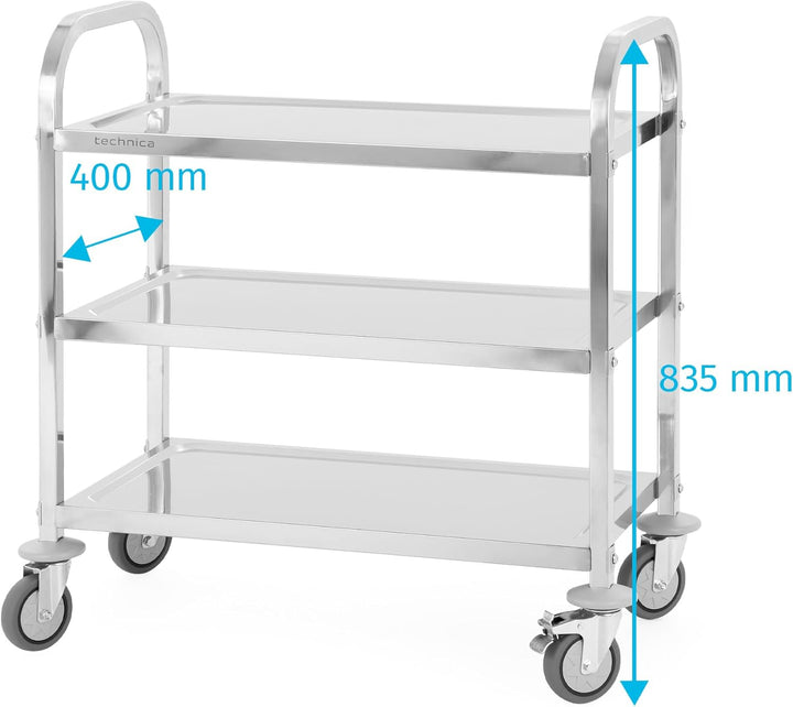 TECHNICA Servierwagen Edelstahl 3 Etagen mit Rollen & Bremse Quadratischer Griff 750x400x835mm Rollw