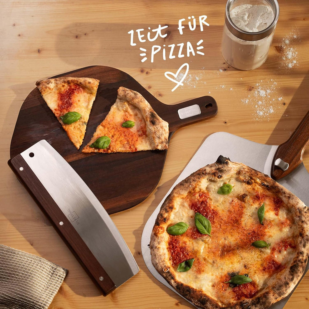 SILBERTHAL Pizza Set 3tlg mit Pizzastein, Pizzaschieber &amp; Pizzaschneider | Zubehör Set aus Edelstahl