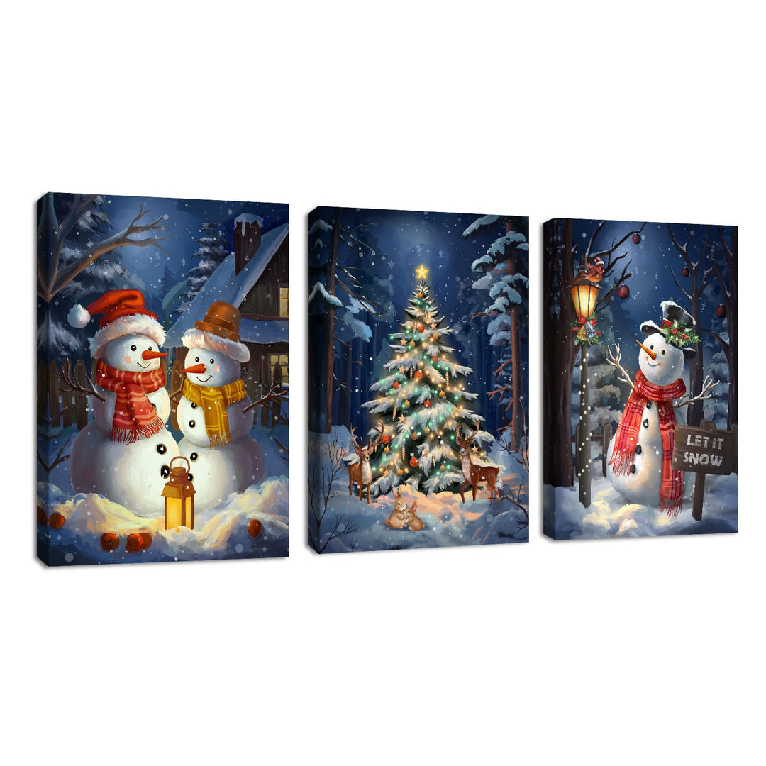 3Pcs Leinwandbilder Bilder mit Rahmen Blau Weihnachten Schnee Schauplatz bild auf leinwand Schneeman