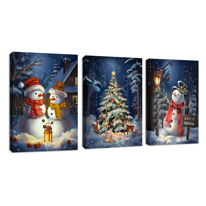 3Pcs Leinwandbilder Bilder mit Rahmen Blau Weihnachten Schnee Schauplatz bild auf leinwand Schneeman