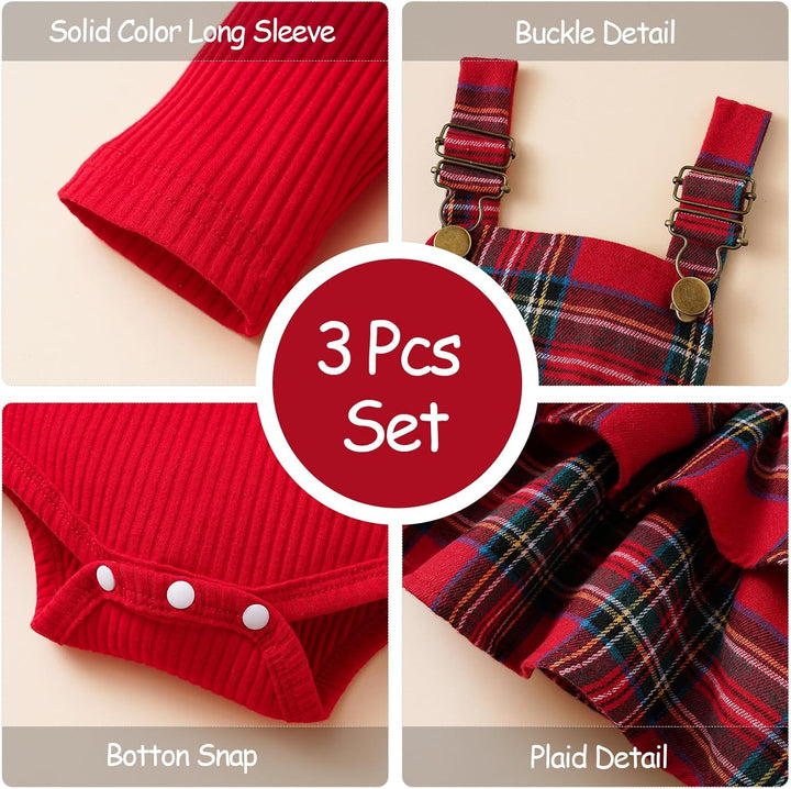 Neugeborenes Baby Mädchen Röcke Sets Rüschen Top + Plaid/Dots/Bowknot Overalls Hosenträger Kleid + S