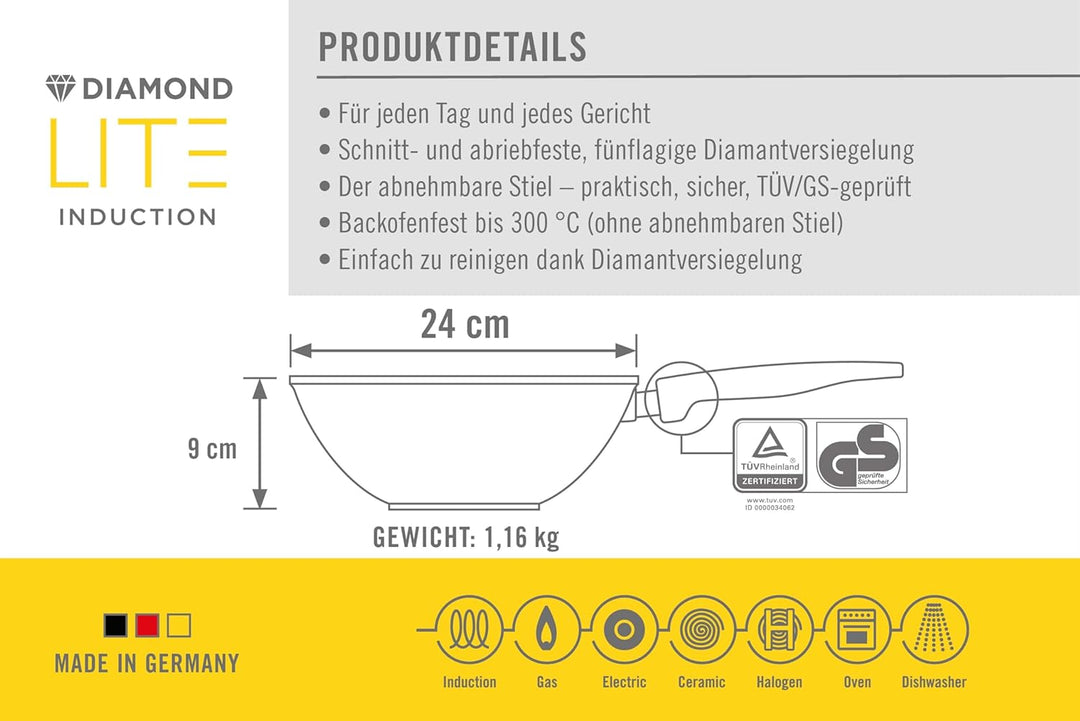 Woll Diamond Lite Wok- und Rührpfanne - Induktiv -, Ø 24 cm, 9 cm hoch - Geeignet für alle Herdarten