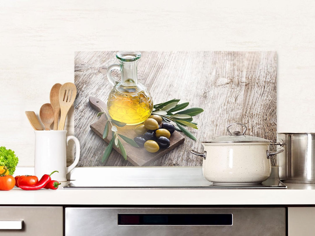 GRAZDesign Spritzschutz Küchenrückwand Glas Küche für Herd & Küchenspüle, Holzoptik mit Oliven | Gla
