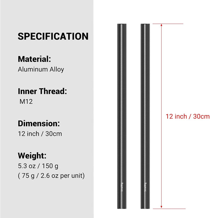 SMALLRIG 2 Stück Schwarz Aluminiumlegierung 15mm Rod - 30cm 12 Zoll - 1053 12 inches (30 cm), 12 inc