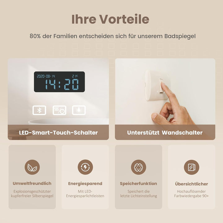 EMKE LED Badspiegel 80x60cm Badezimmerspiegel mit Beleuchtung Warmweissen Lichtspiegel mit Touch Wan