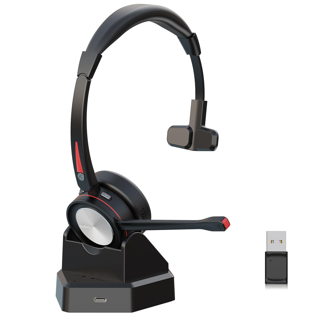 Beebang Bluetooth Headset mit Mikrofon für PC, Wireless Headset mit USB Adapter & Ladestation, 40 St