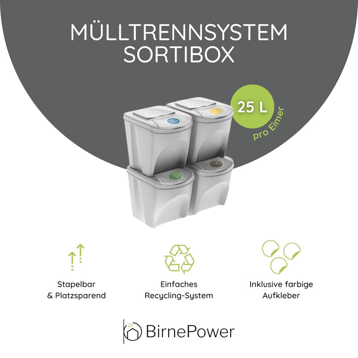 BirnePower Mülleimer Müllbehälter Abfalleimer 100L Set 4 x 25L Mülltrennsystem Behälter Sorti Box mi