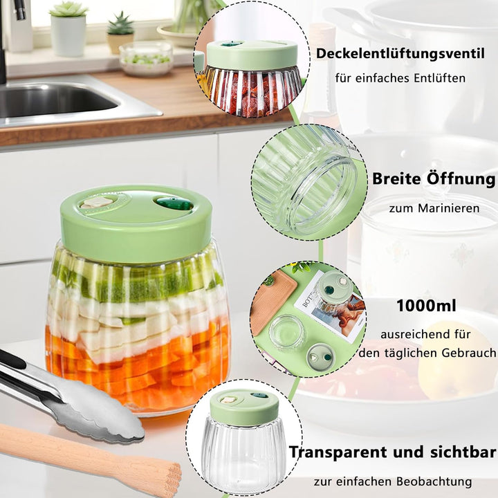 2 Stück 1L Fermentiergläser mit Doppelventil, Luftdichte Einmachgläser aus Glas, Fermentierglas, Fer